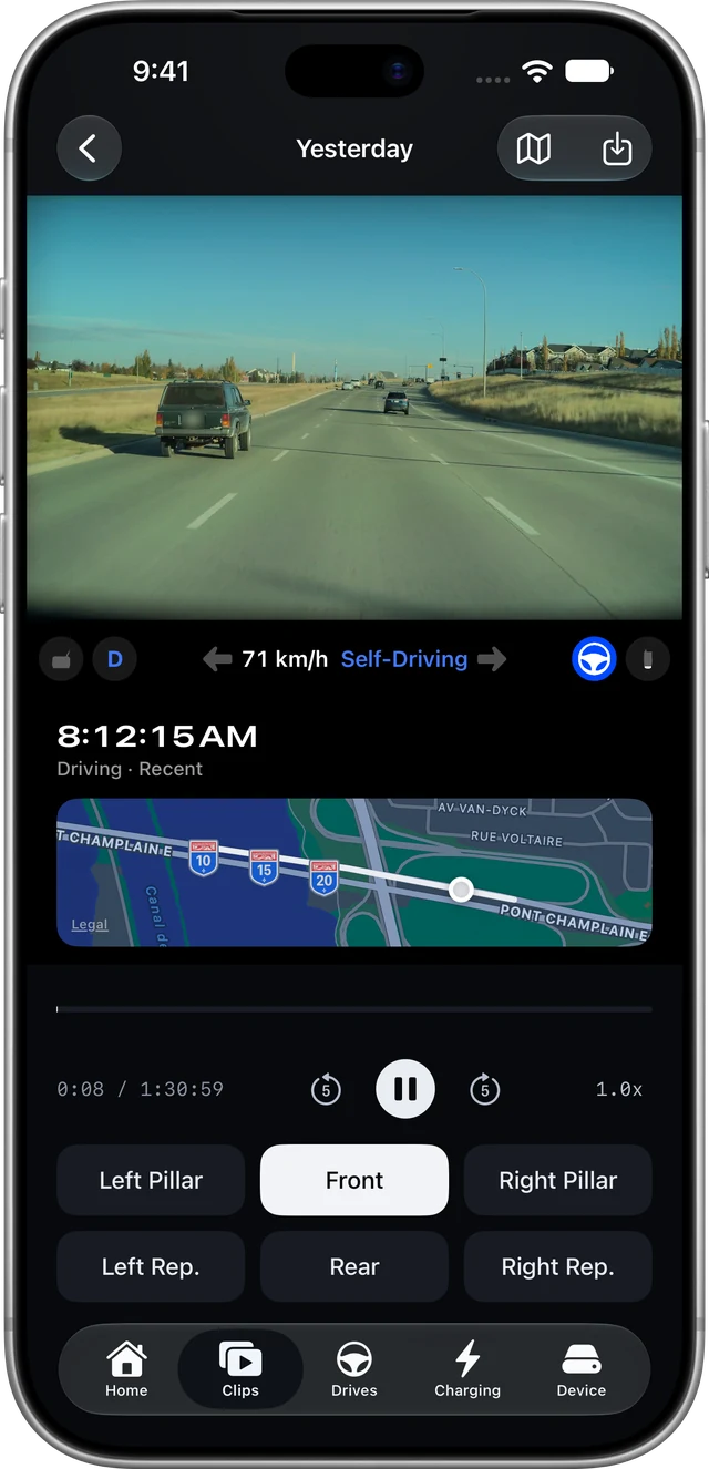 Sentry Connect clip player showing dashcam video, live speed and self-driving status, and the route map