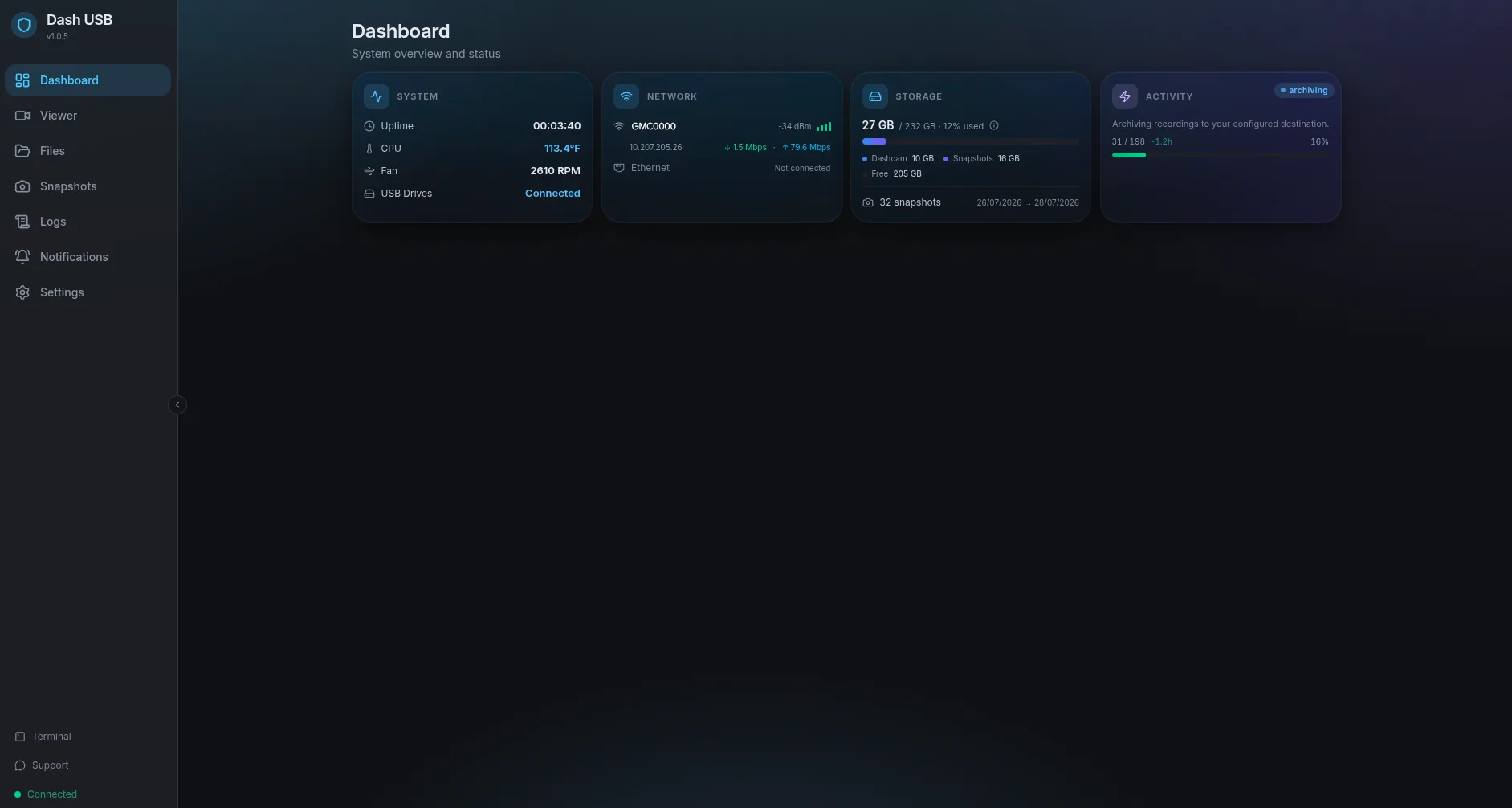 Dash USB dashboard showing storage, snapshots, and live archive activity