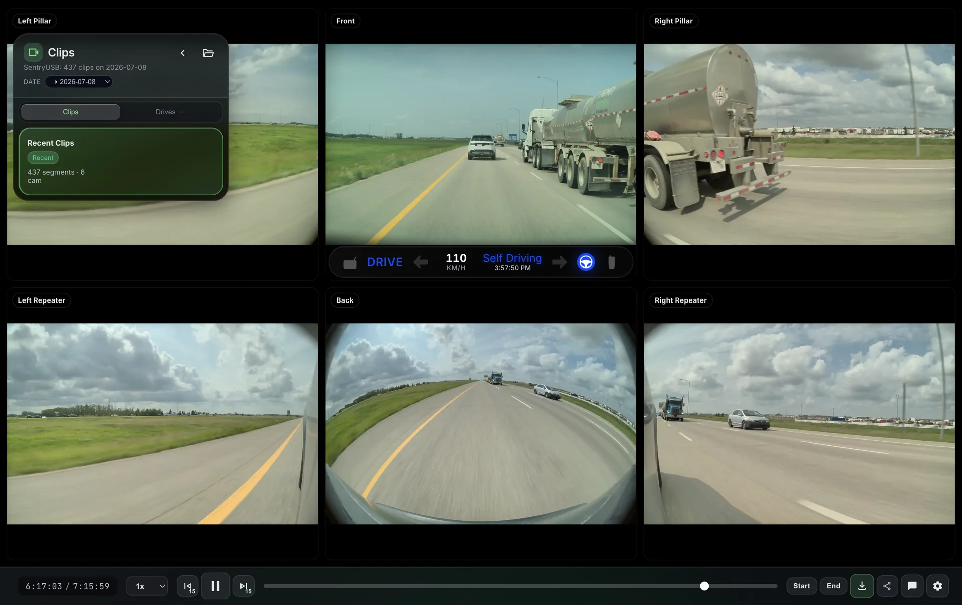 Sentry Studio playing all six Tesla cameras in sync with live telemetry